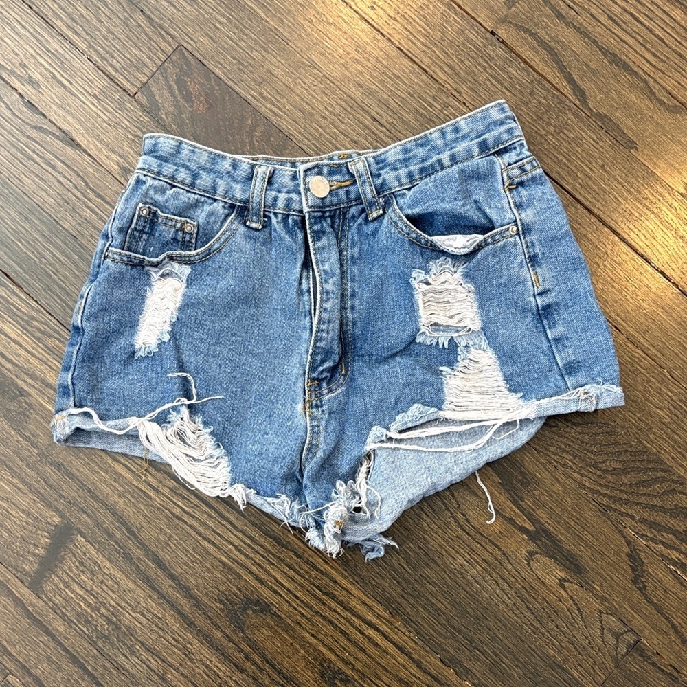 Distressed Denim Shorts by SHEIN - Blue